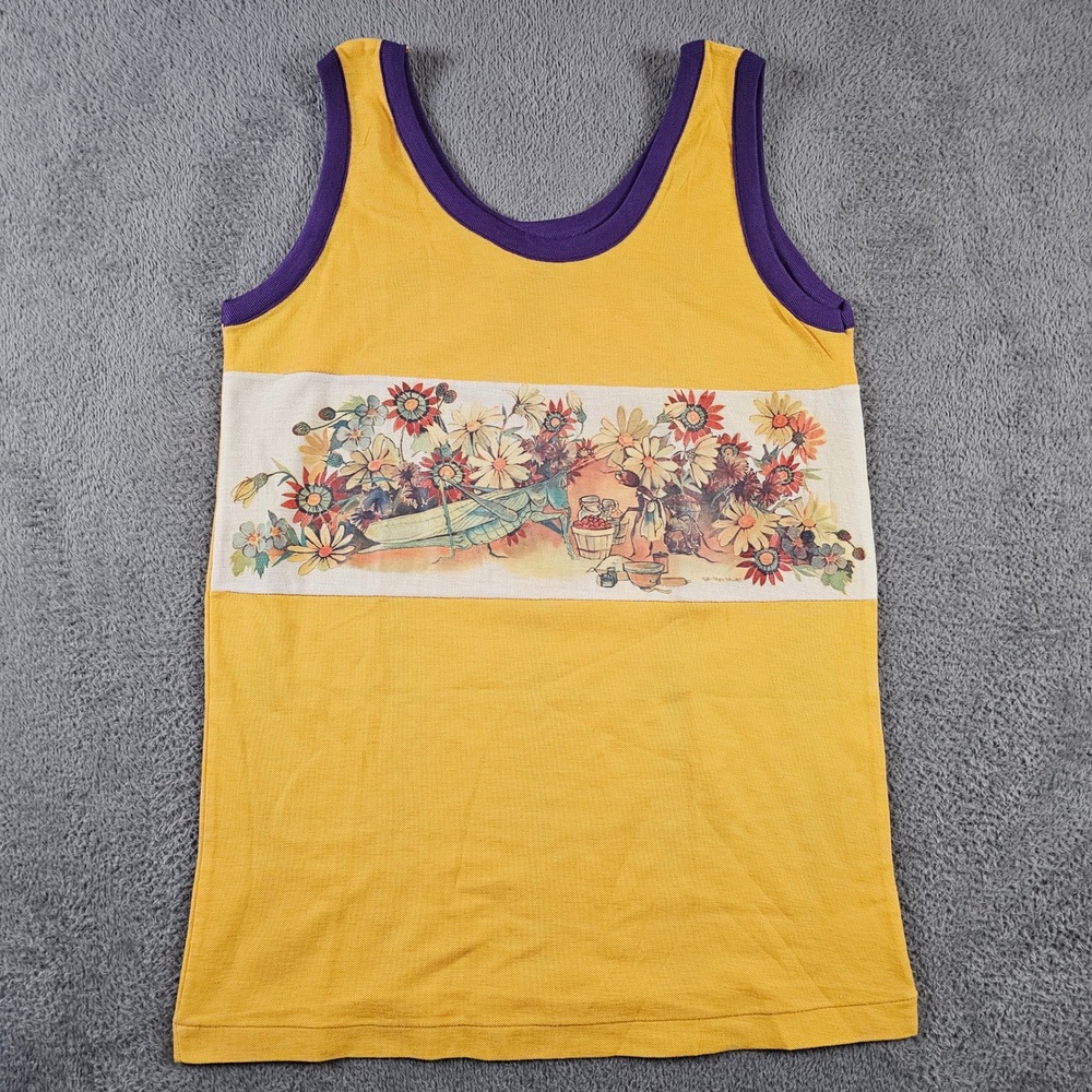 Vintage Velva Sheen Yellow Purple Ringer Tank Top Grasshopper Flower Art Large